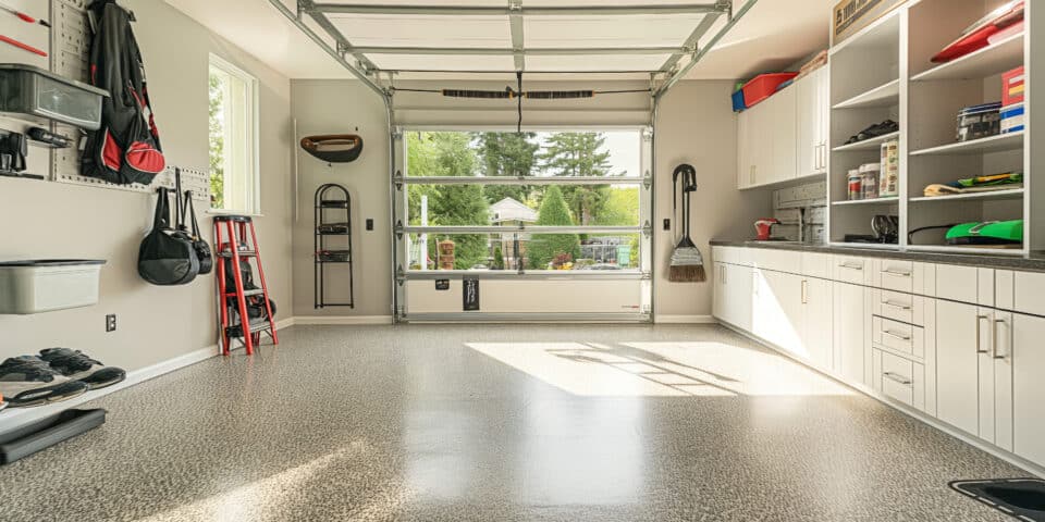 A well-organized garage with white cabinets, a red ladder, and various tools neatly stored. A large window shows a view of a green garden outside. The floor is speckled gray, and a broom is propped against the wall.